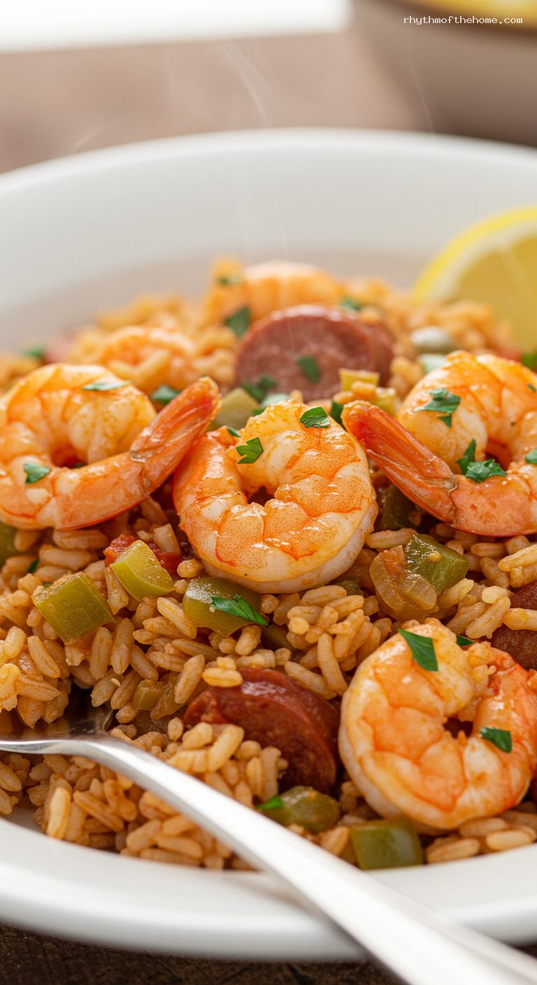 One-Pot Shrimp Jambalaya with Creole Trinity – Closeup