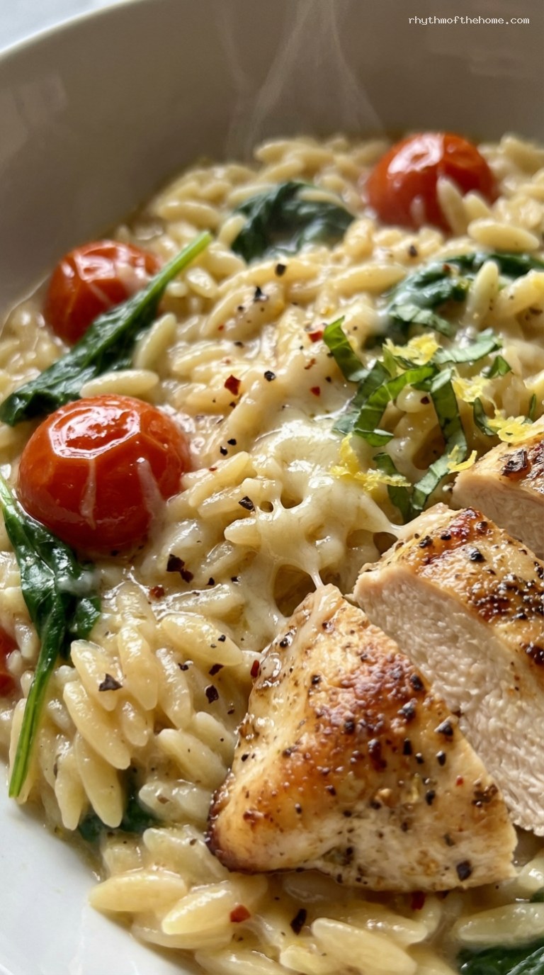 One-Skillet Lemon-Basil Chicken Orzo with Veggies – Closeup