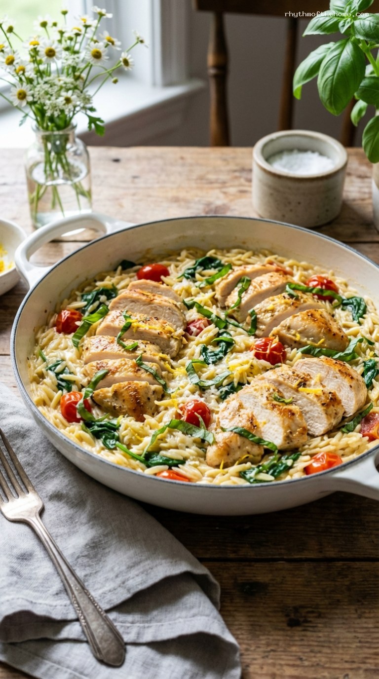One-Skillet Lemon-Basil Chicken Orzo with Veggies