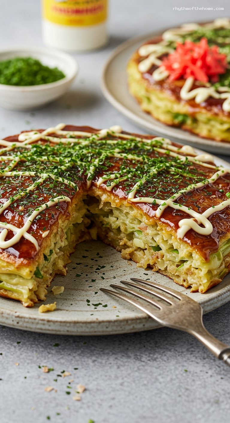 Osaka-Style Okonomiyaki with Pork Belly and Aonori – Closeup