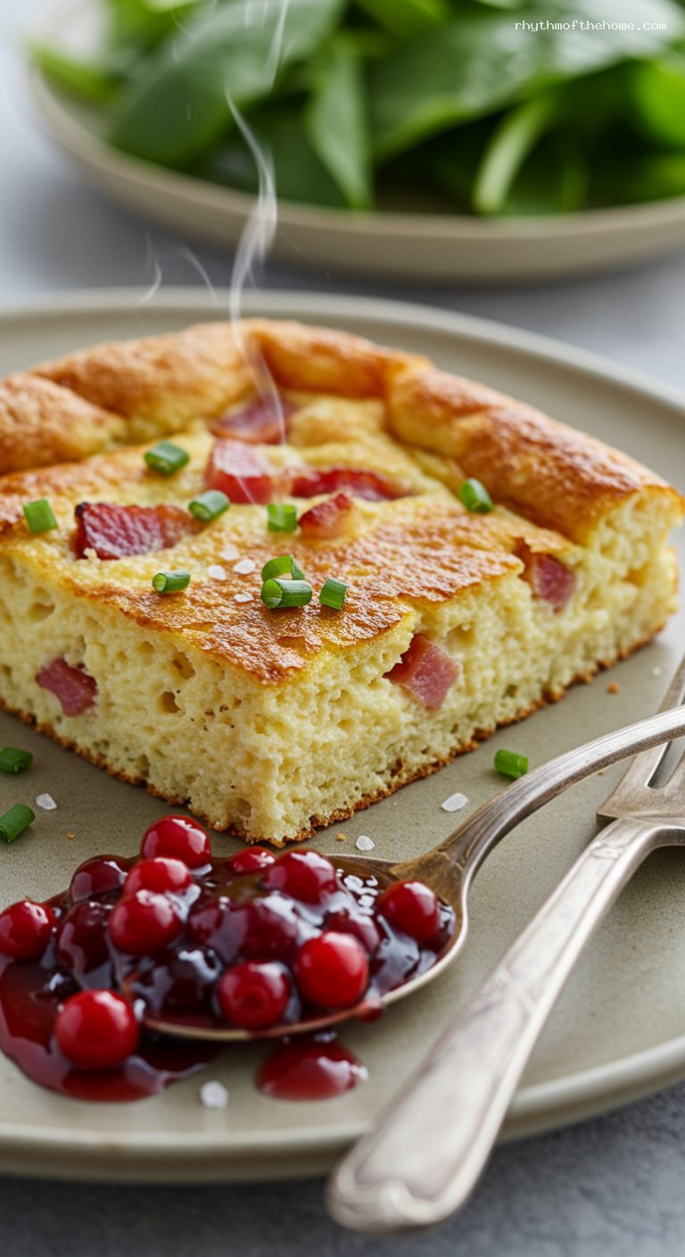 Oven-Baked Fläskpannkaka with Bacon and Lingonberries – Closeup