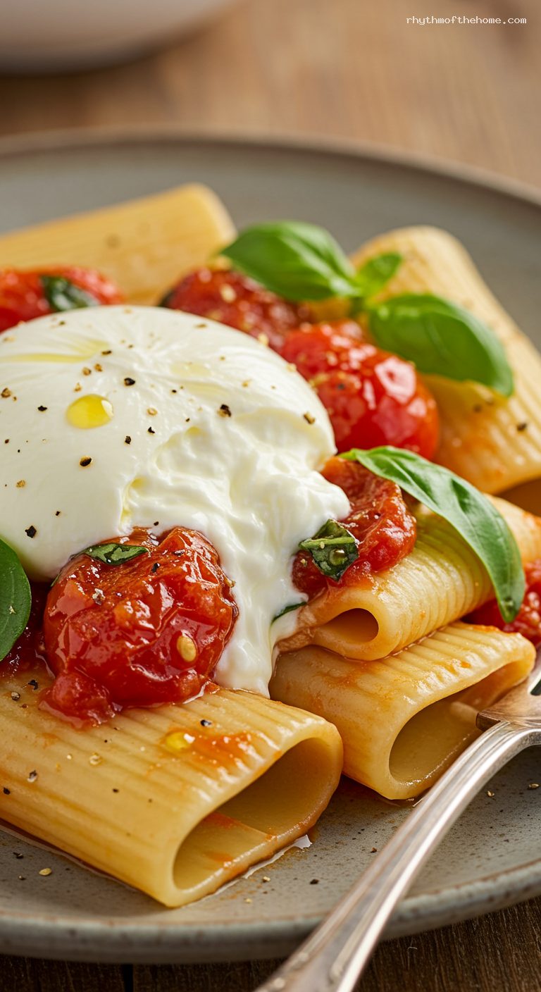 Paccheri with Roasted Cherry Tomatoes and Burrata – Closeup