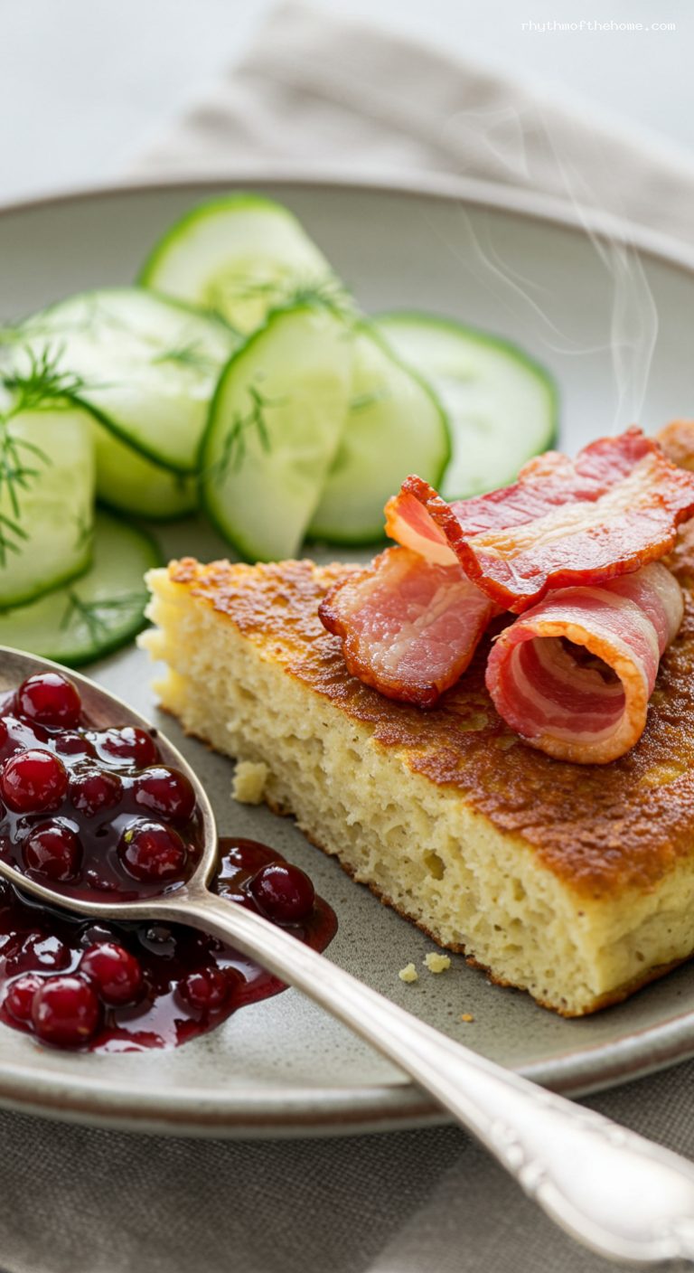 Pan-Crisped Blood Pudding with Bacon and Lingonberries – Closeup