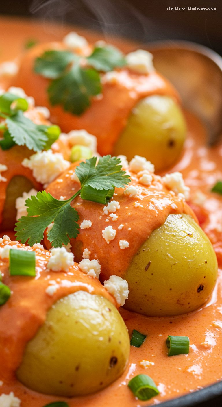 Papas Chorreadas with Creamy Tomato-Scallion Sauce – Closeup