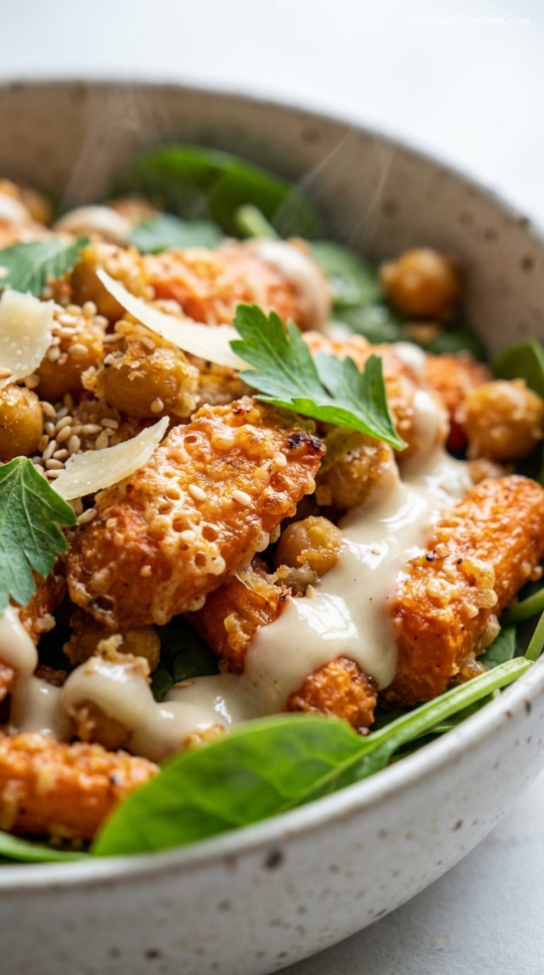 Parmesan-Roasted Carrot and Chickpea Bowls with Lemon Tahini – Closeup