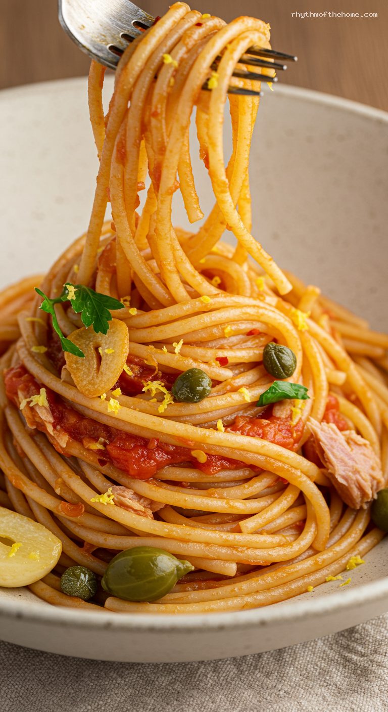 Pasta al Tonno with Lemon, Capers, and Chili – Closeup