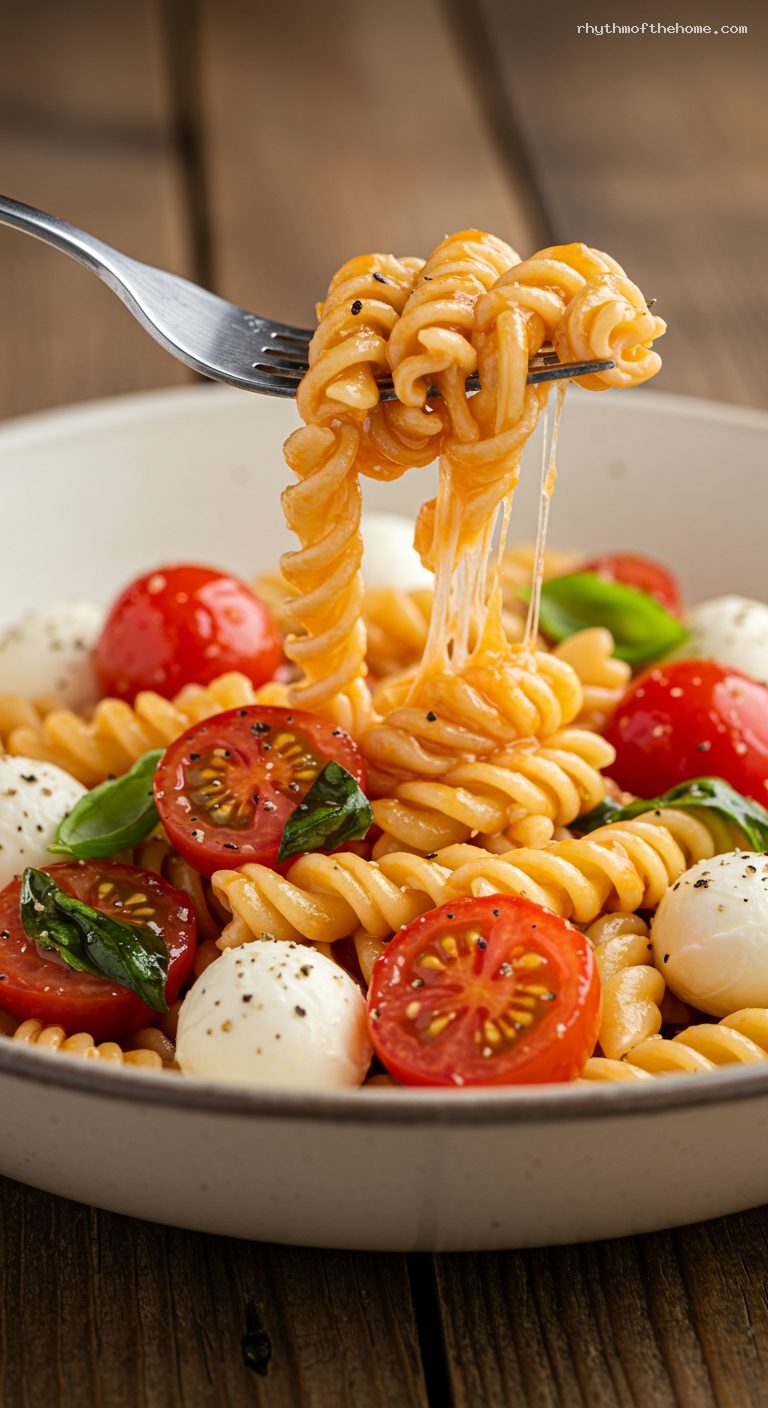 Pasta alla Crudaiola with Marinated Tomatoes and Mozzarella – Closeup