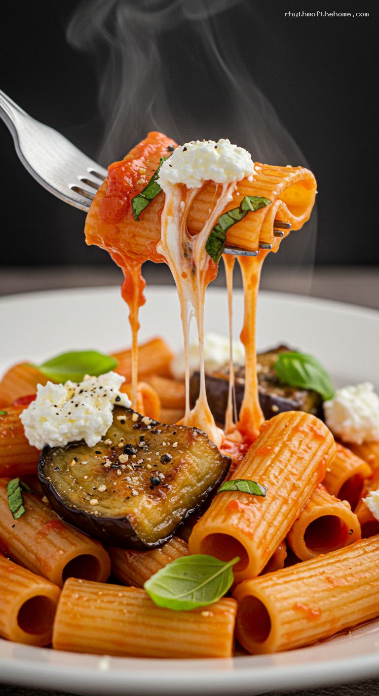 Pasta alla Norma with Ricotta Salata and Basil – Closeup