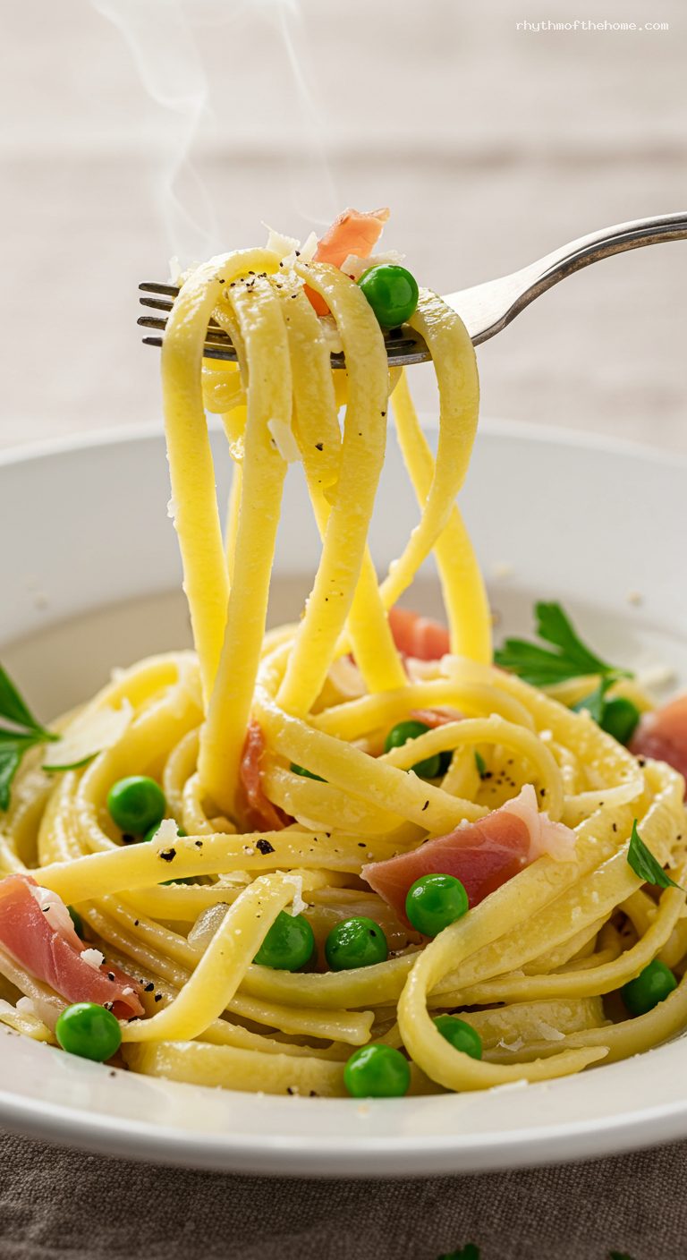 Pasta alla Papalina with Prosciutto and Peas – Closeup