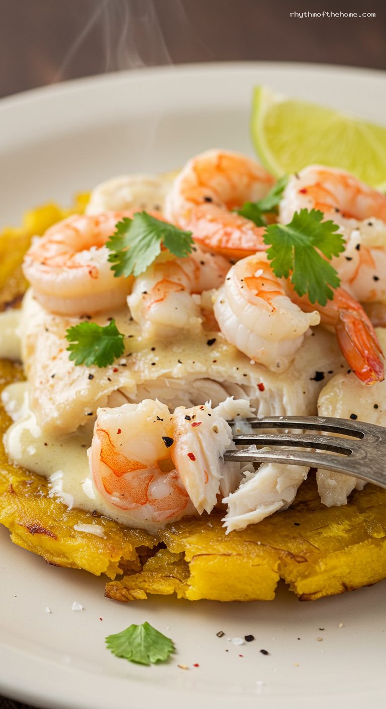Patacón Marinero with Coconut Garlic Shrimp and Fish – Closeup
