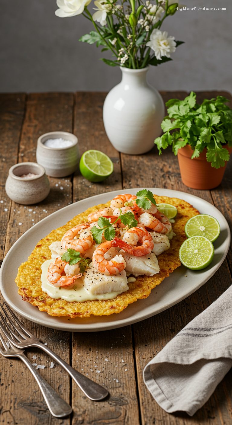 Patacón Marinero with Coconut Garlic Shrimp and Fish