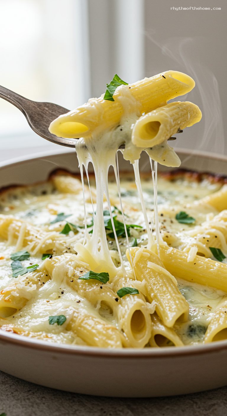 Penne ai Quattro Formaggi with Golden Broiled Top – Closeup