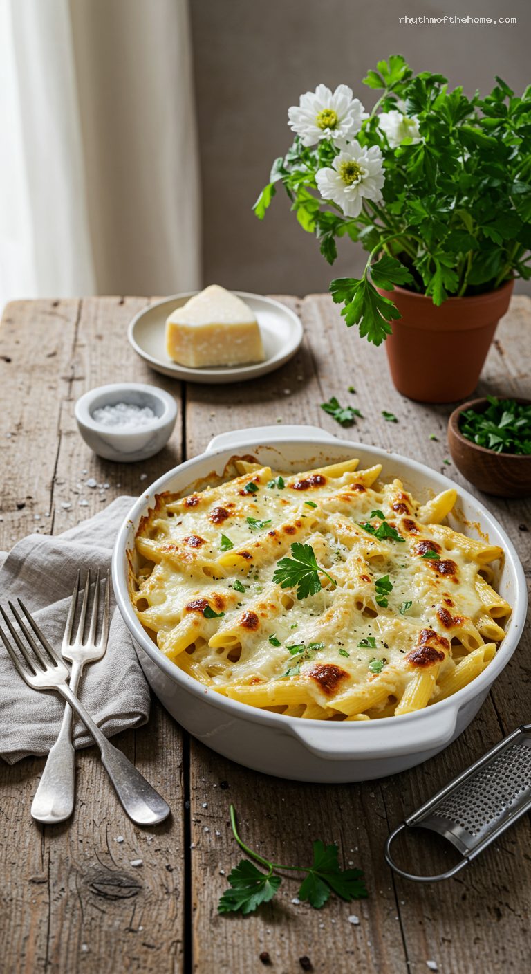 Penne ai Quattro Formaggi with Golden Broiled Top