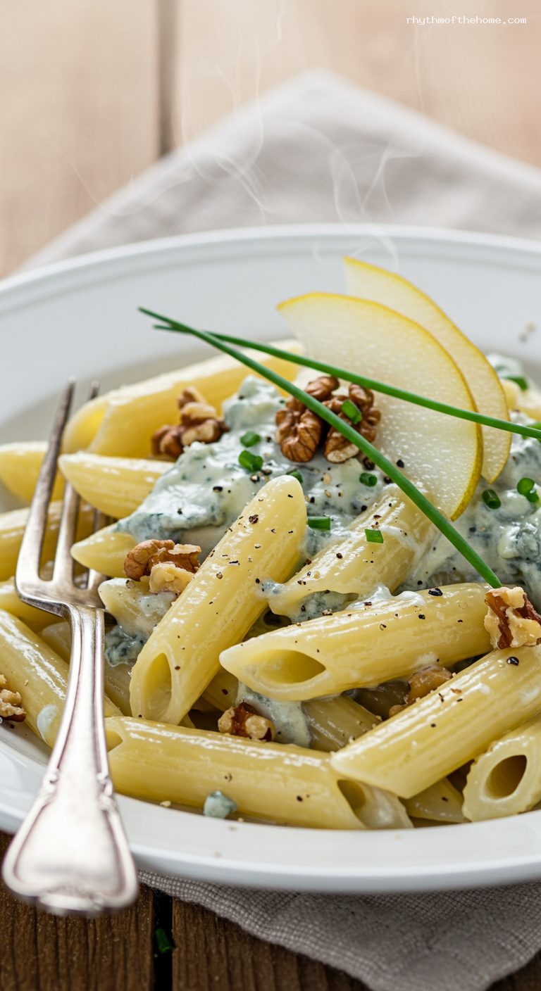 Penne Gorgonzola e Noci with Toasted Walnuts and Pepper – Closeup