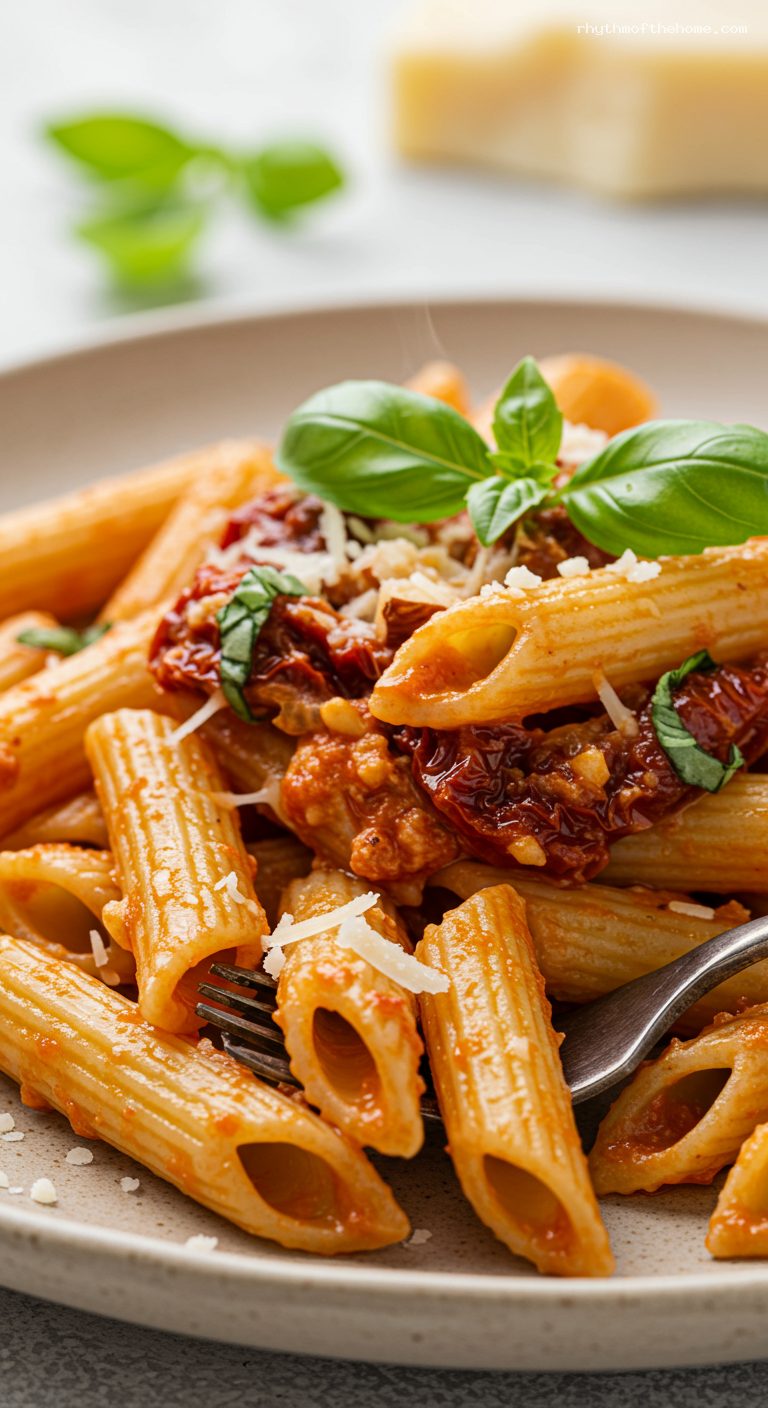 Penne with Sun-Dried Tomato Pesto Rosso – Closeup
