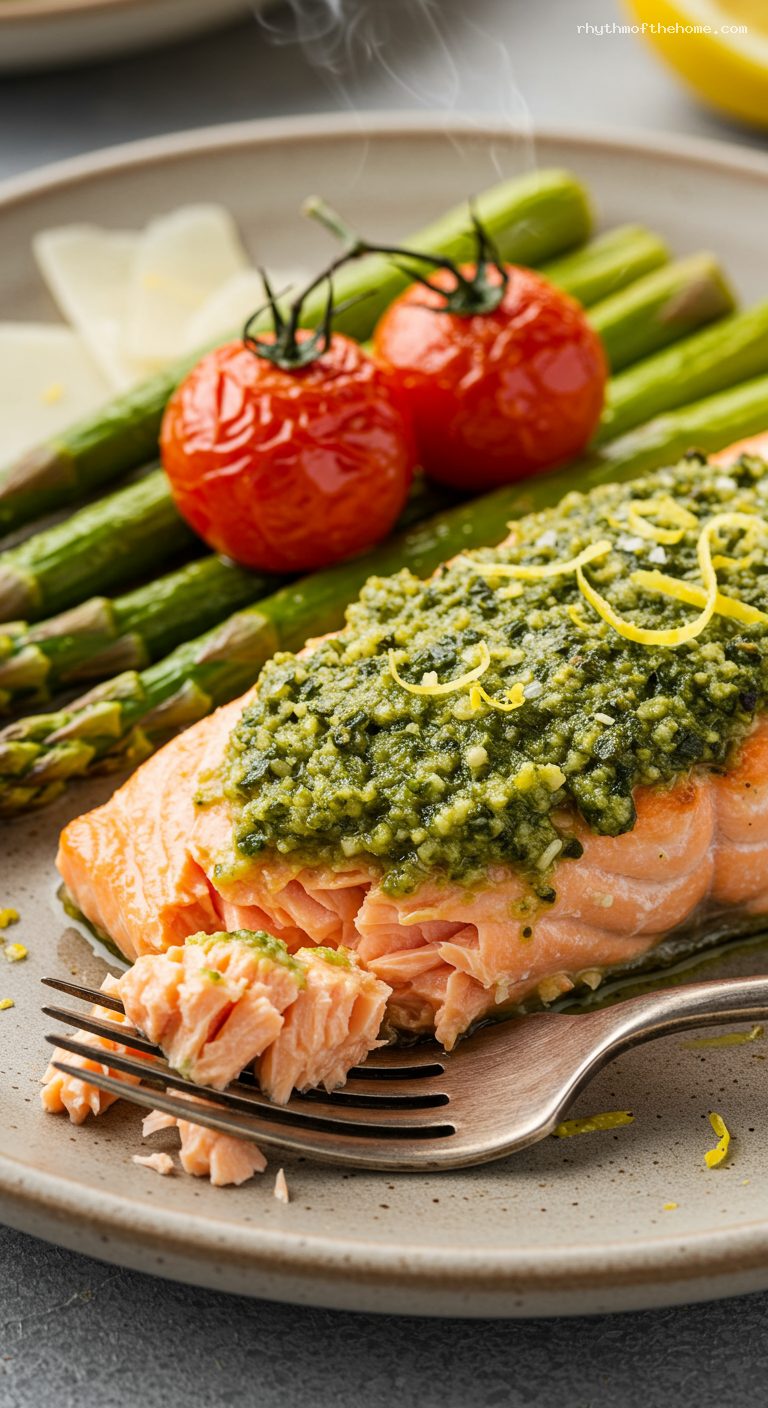 Pesto-Crusted Salmon Sheet Pan with Asparagus and Tomatoes – Closeup