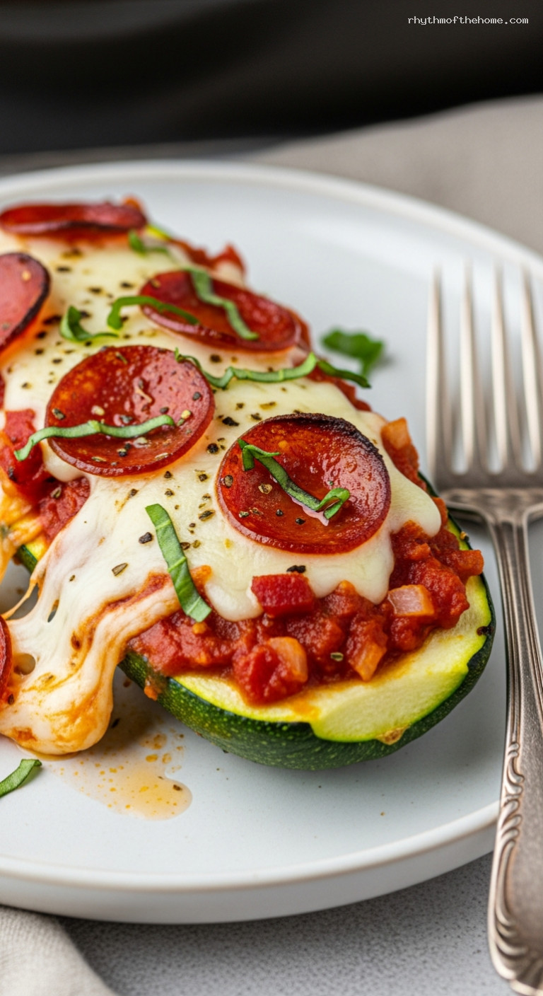 Pizza-Style Stuffed Zucchini Boats with Pepperoni – Closeup