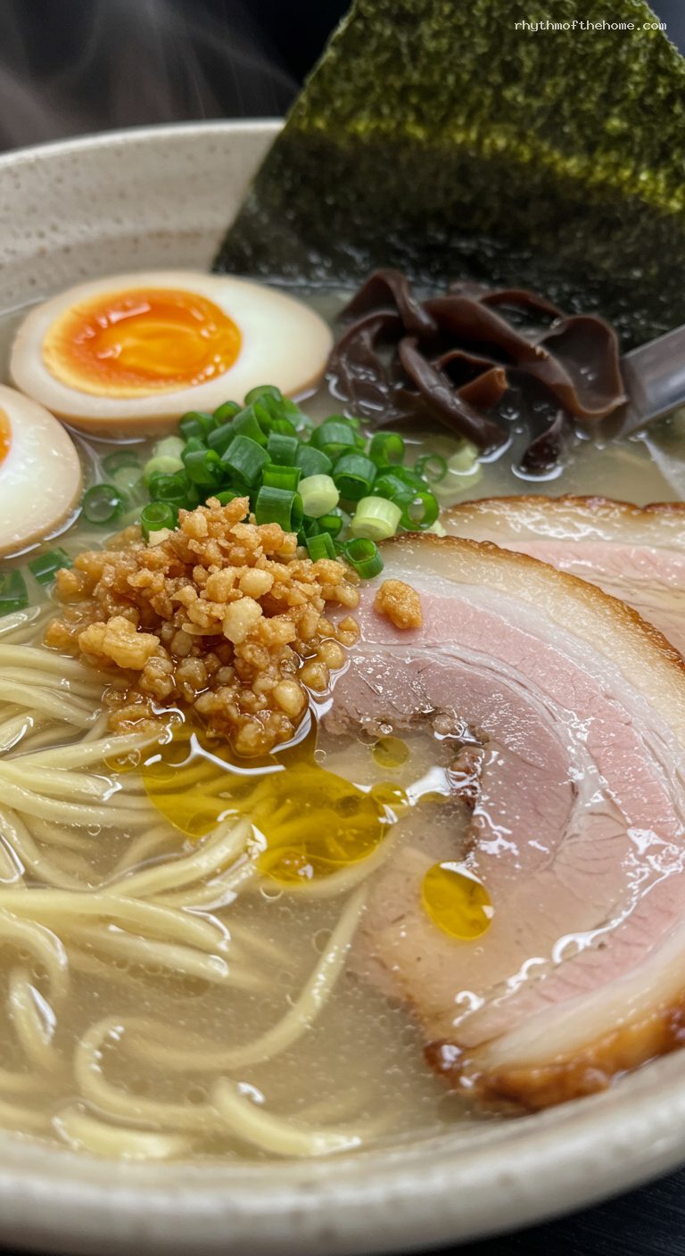 Pressure Cooker Tonkotsu Ramen with Garlic Oil – Closeup