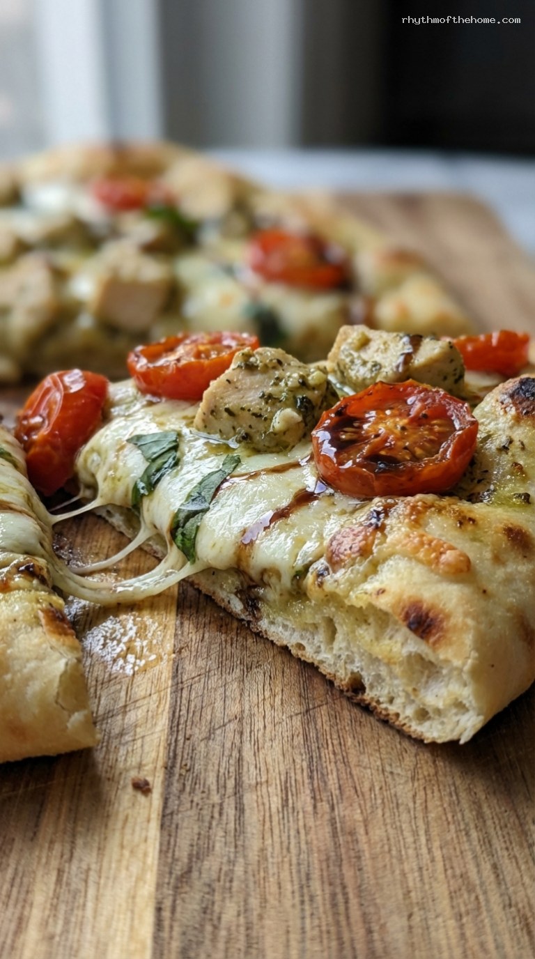 Quick Chicken Pesto Flatbread With Tomatoes and Mozzarella – Closeup