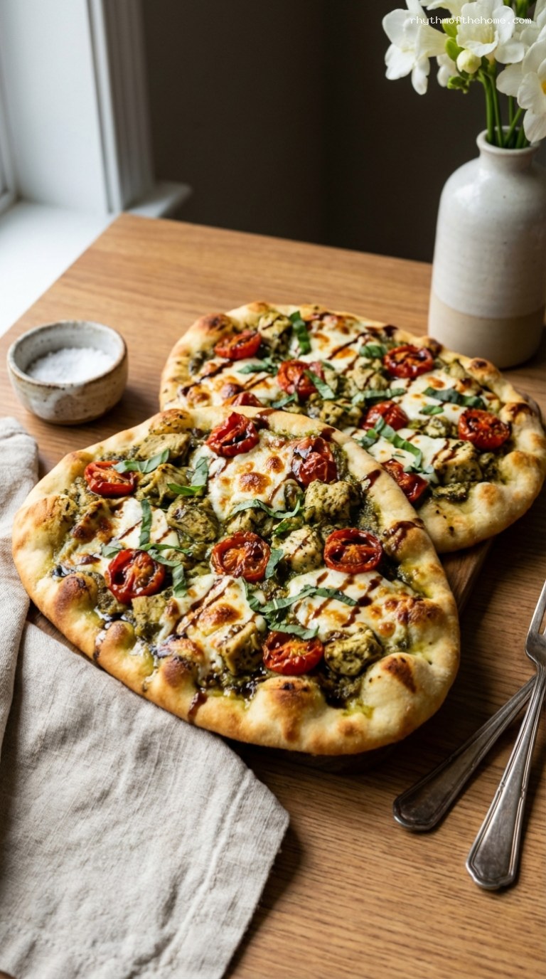 Quick Chicken Pesto Flatbread With Tomatoes and Mozzarella