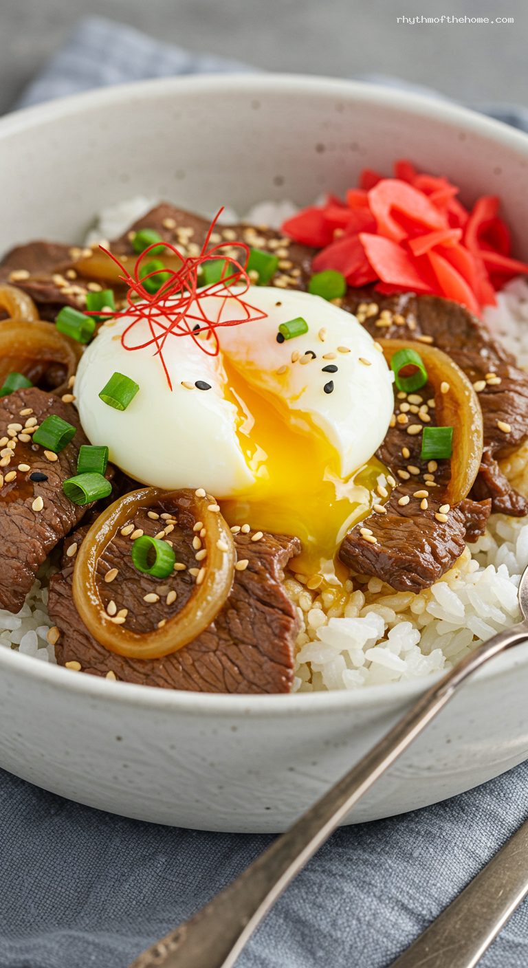 Quick Gyudon Beef Bowl with Soft Egg – Closeup