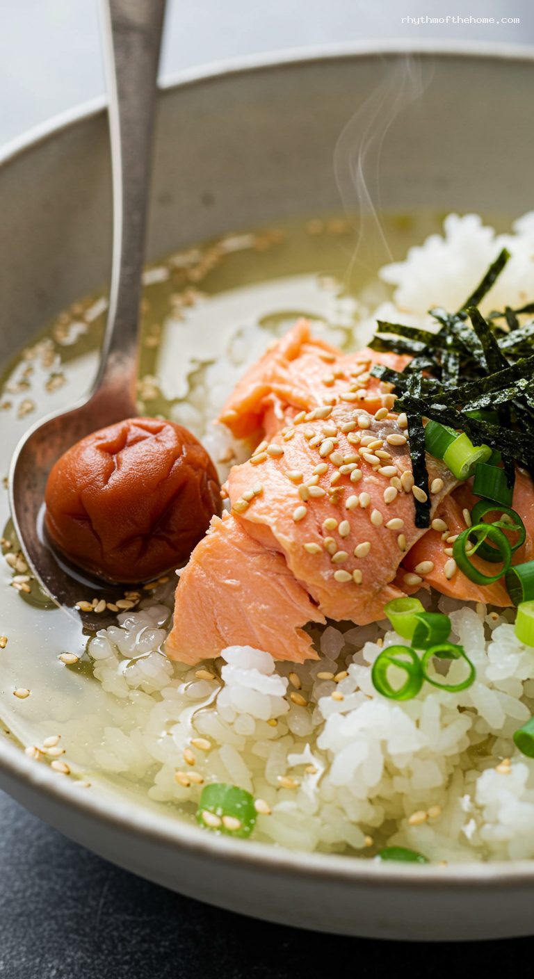 Quick Salmon Ochazuke with Umeboshi and Nori – Closeup