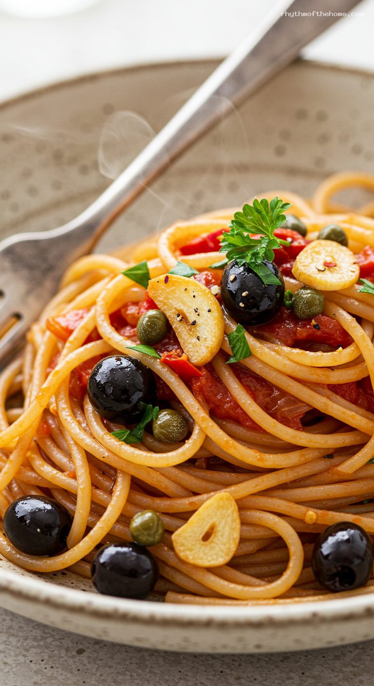 Quick Spaghetti alla Puttanesca with Pantry Staples – Closeup