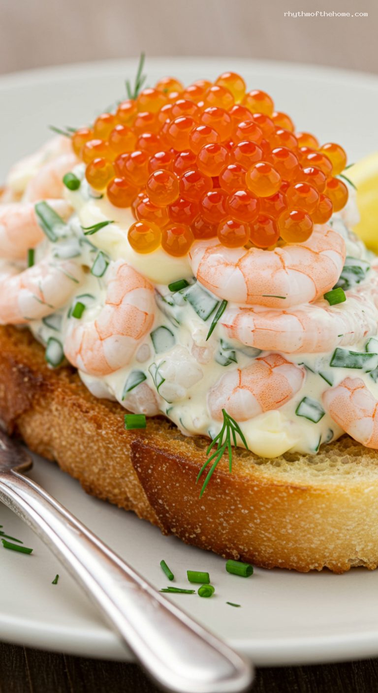 Quick Toast Skagen with Lemony Dill Shrimp and Roe – Closeup
