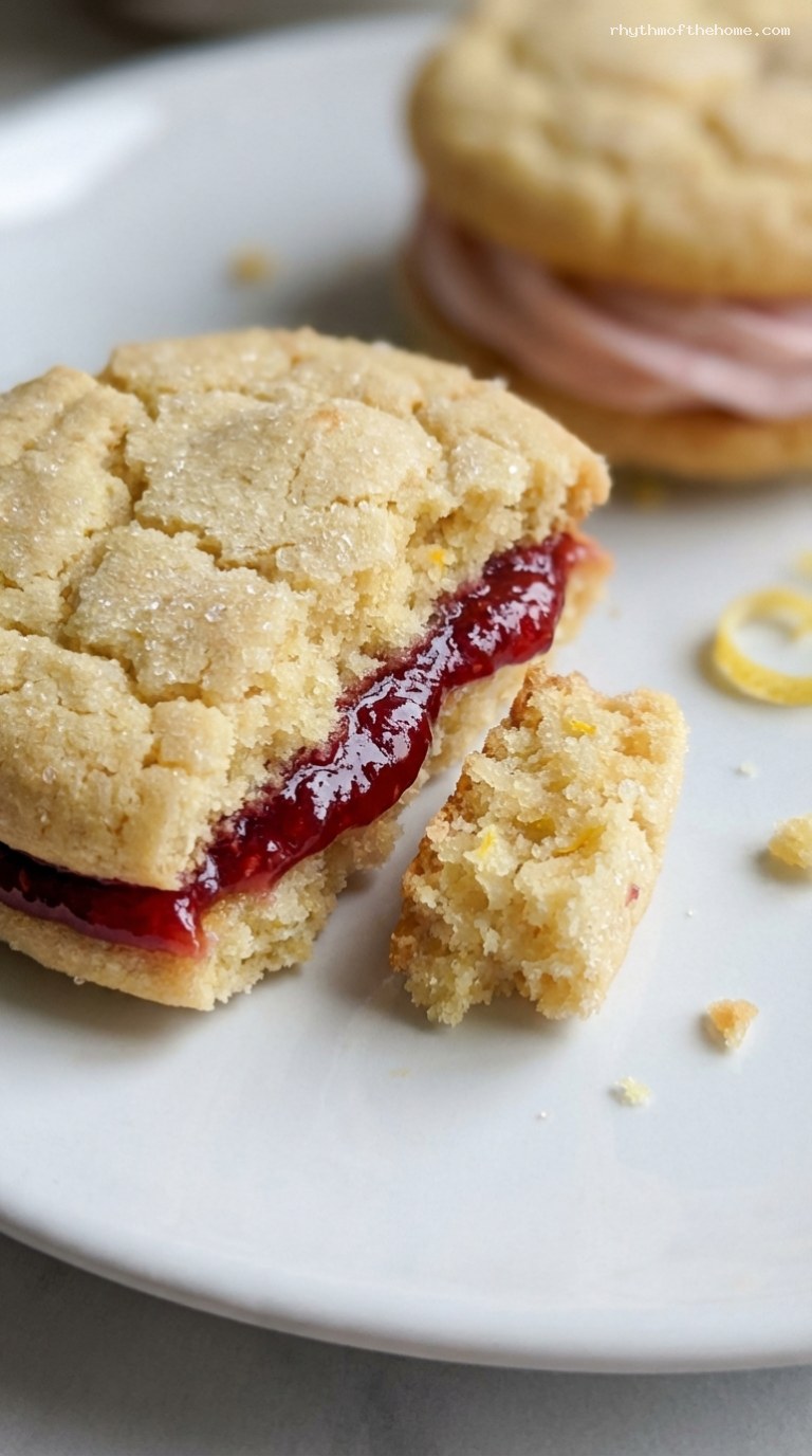 Raspberry Lemon Sandwich Cookies With Raspberry Jam Filling – Closeup