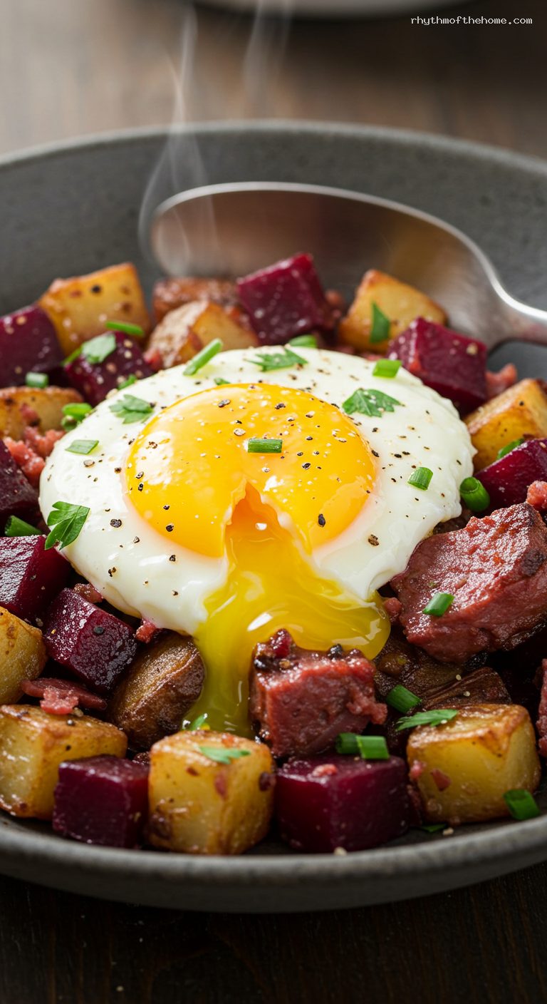 Red Flannel Hash with Runny Eggs and Cider Vinegar – Closeup