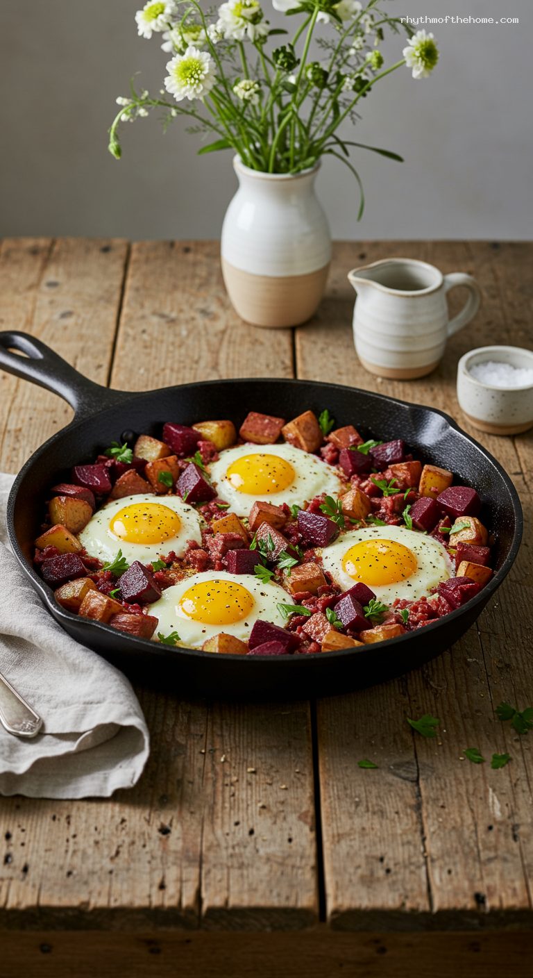 Red Flannel Hash with Runny Eggs and Cider Vinegar