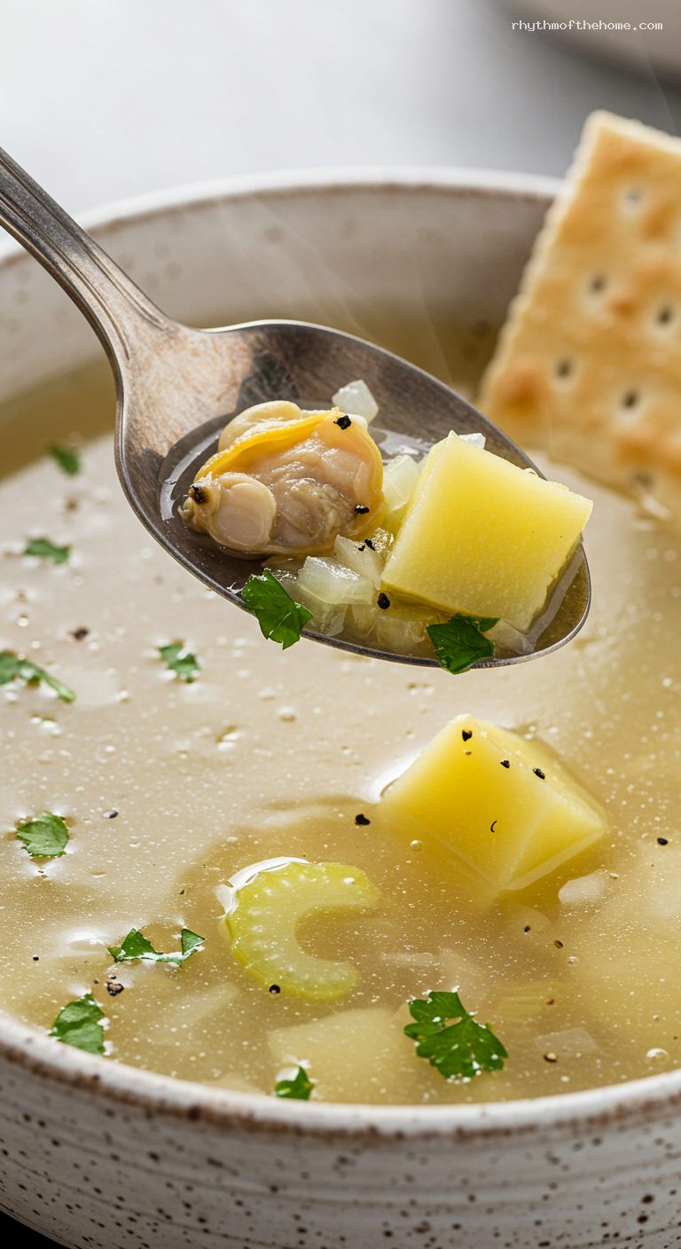 Rhode Island Clear Clam Chowder with Quahogs – Closeup