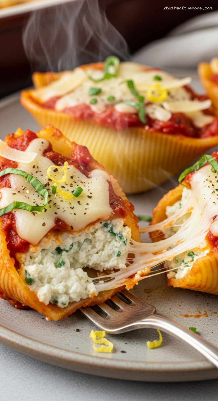 Ricotta and Herb Stuffed Shells with Marinara – Closeup