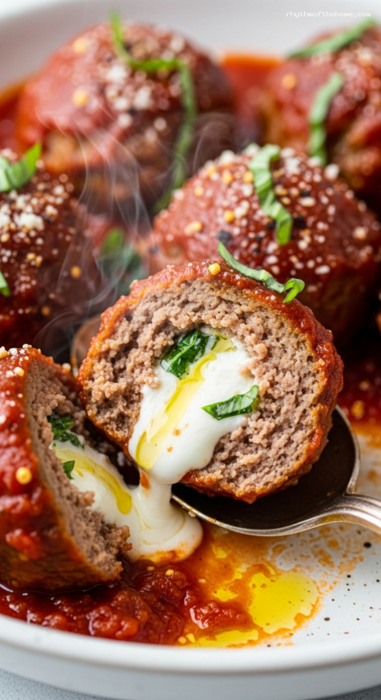 Ricotta-Stuffed Meatballs in Marinara – Closeup
