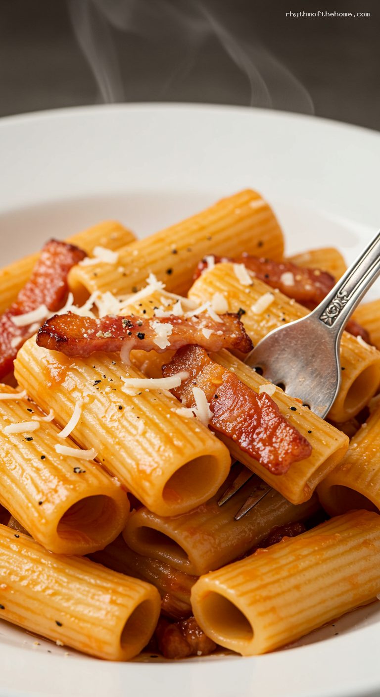 Rigatoni all’Amatriciana with Guanciale and Pecorino – Closeup