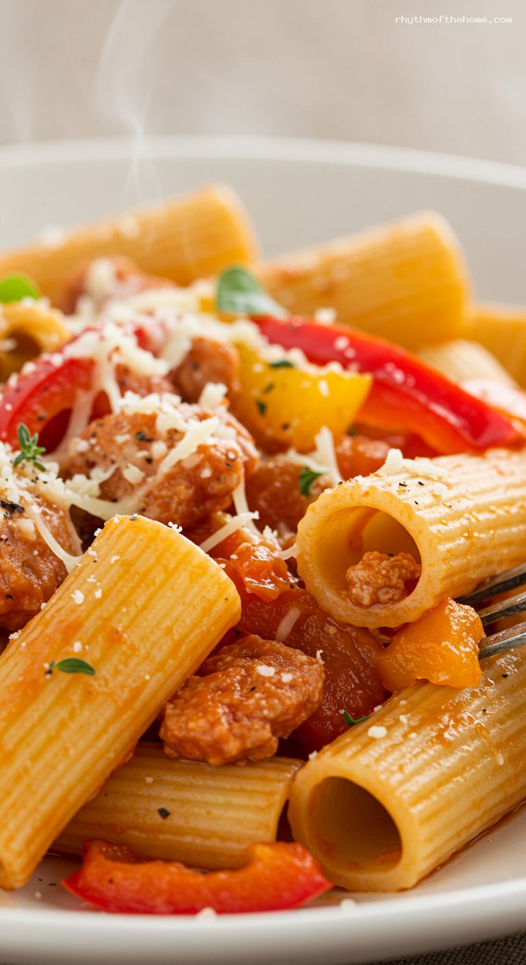 Rigatoni with Italian Sausage and Peppers – Closeup