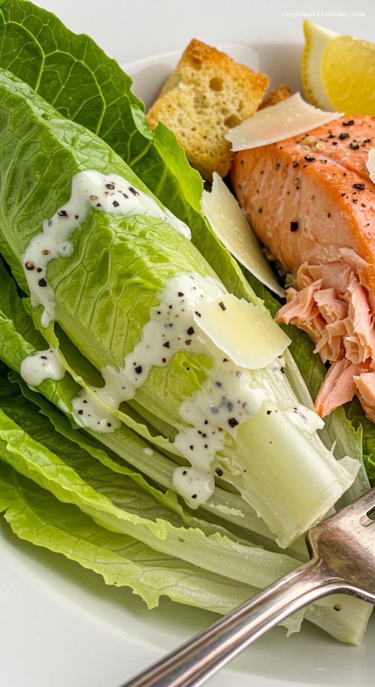 Roasted Salmon Caesar Salad with Homemade Croutons – Closeup