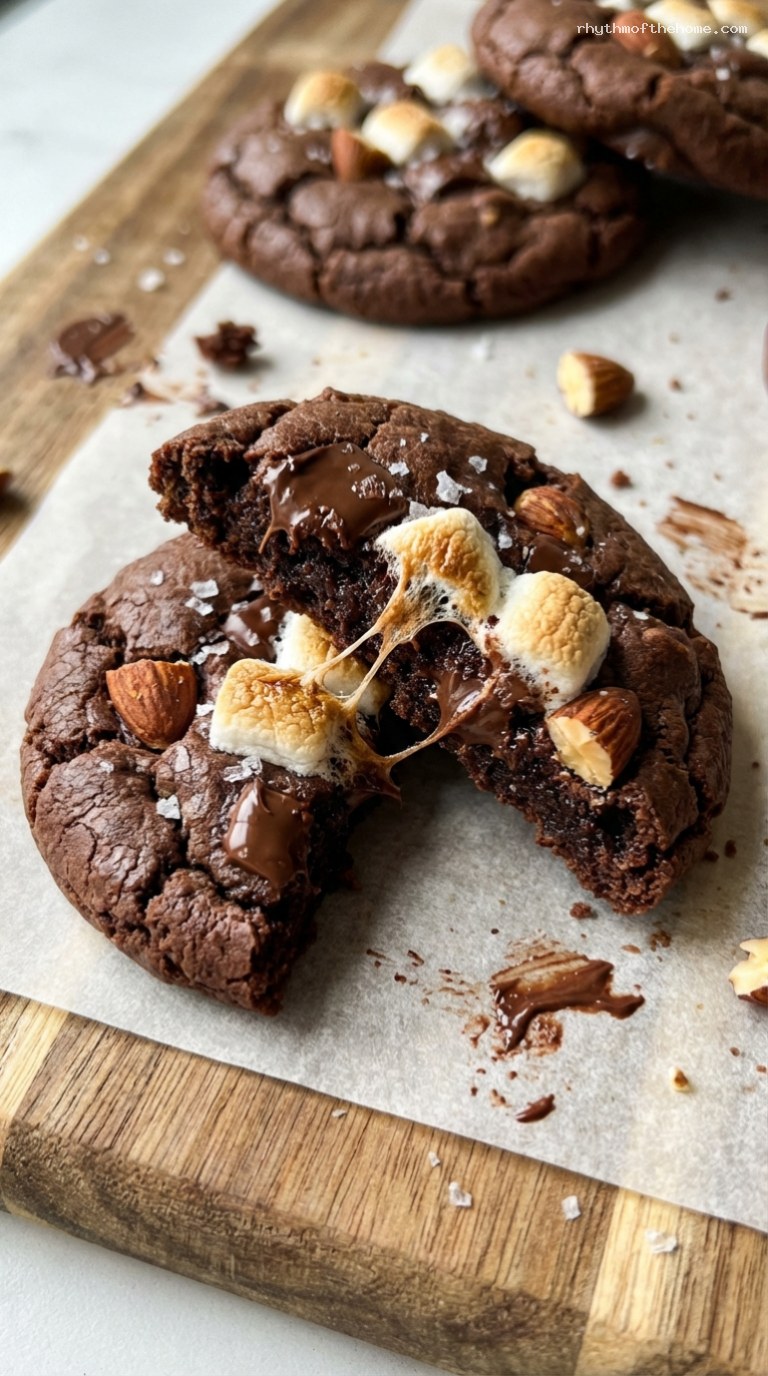 Rocky Road Chocolate Cookies With Marshmallows and Almonds – Closeup