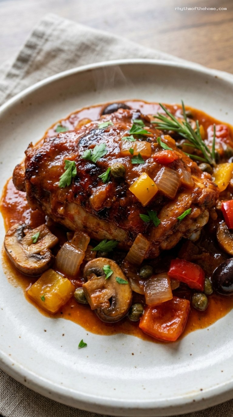 Rustic Chicken Cacciatore with Peppers, Mushrooms and Herbs – Closeup
