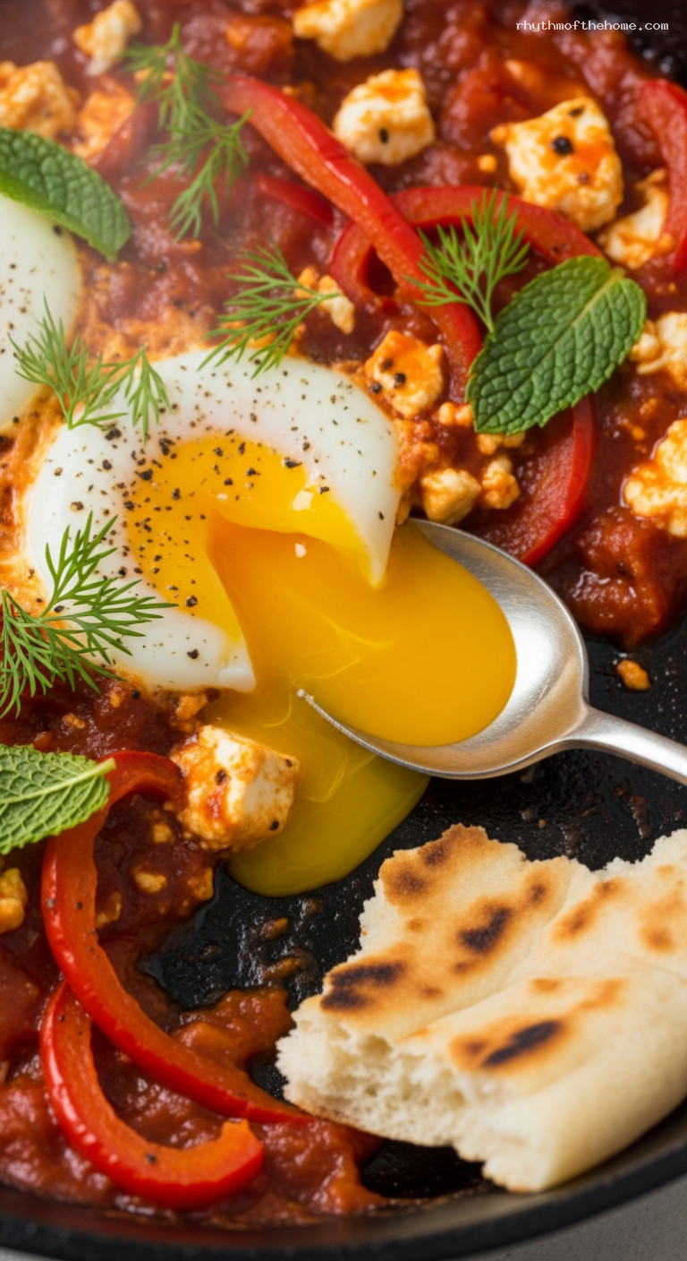 Rustic Feta and Herb Shakshuka with Warm Flatbread – Closeup