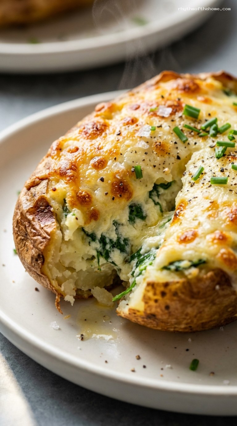Rustic Ricotta and Spinach Stuffed Baked Potatoes – Closeup