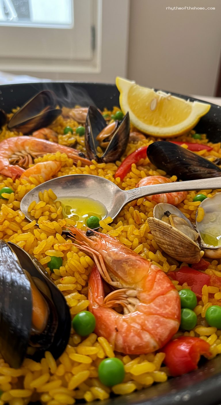 Saffron Seafood Paella with Shrimp, Clams, and Mussels – Closeup