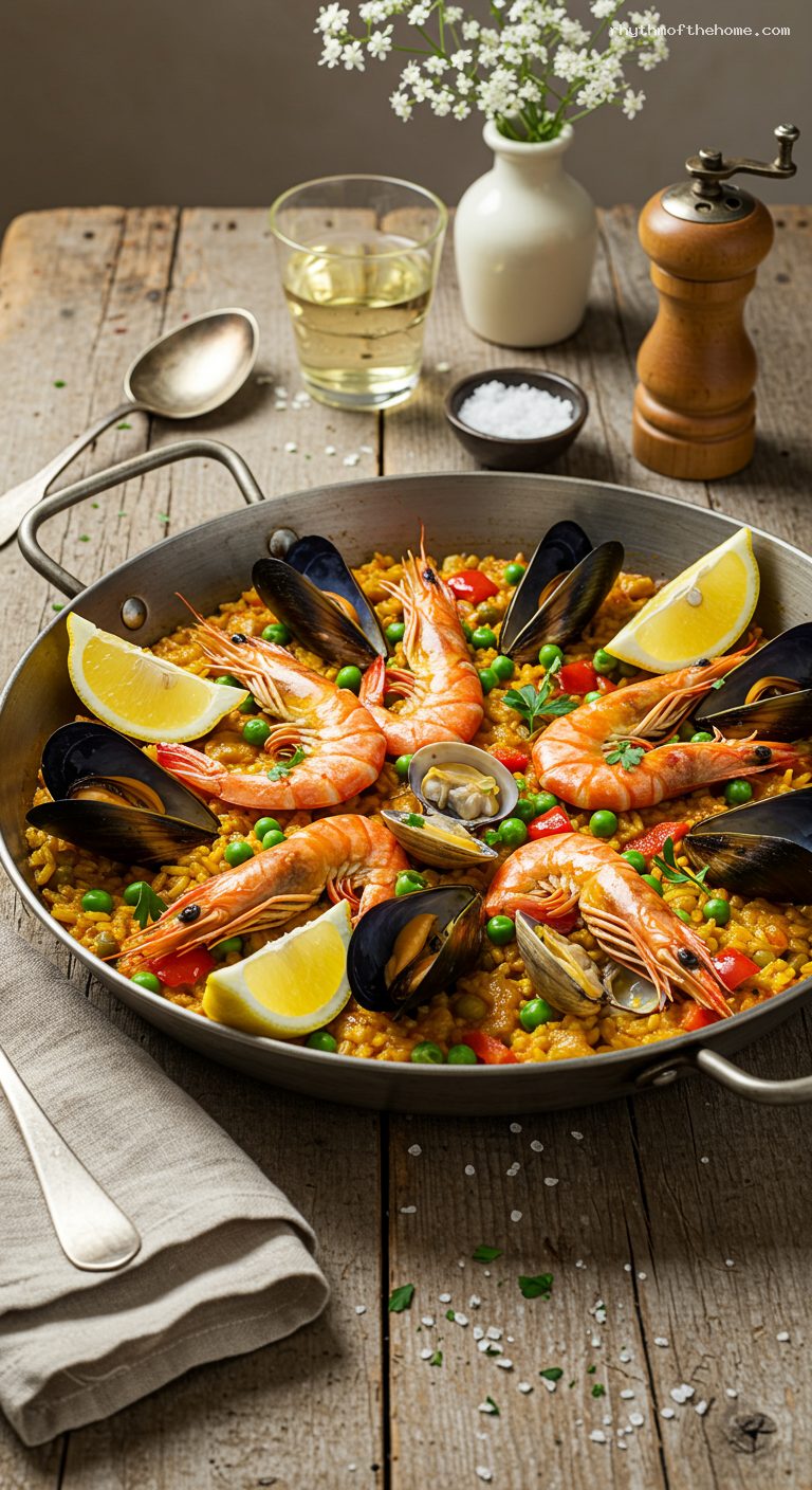 Saffron Seafood Paella with Shrimp, Clams, and Mussels