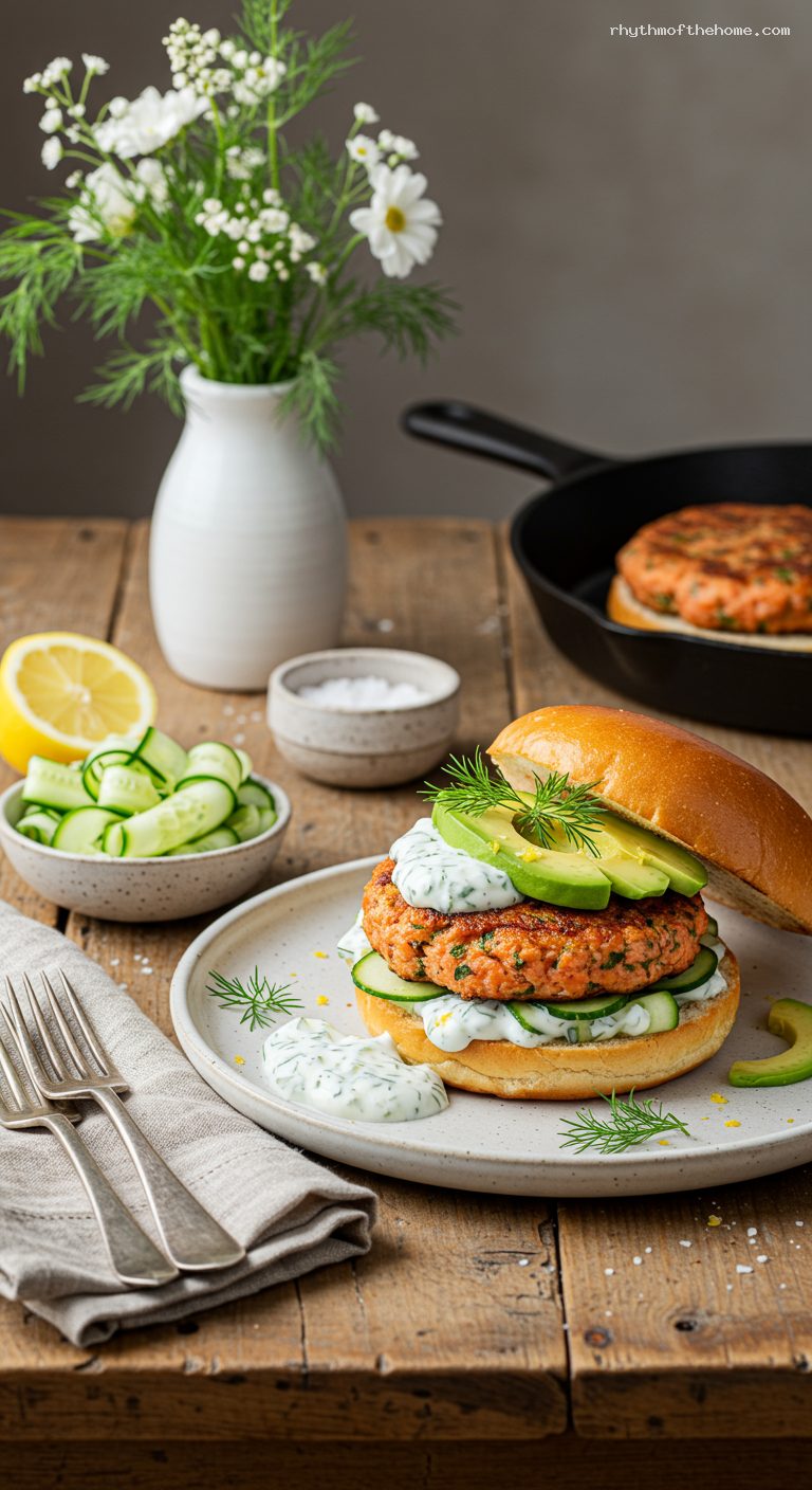 Salmon Burgers with Dill-Lemon Yogurt and Cucumber Slaw