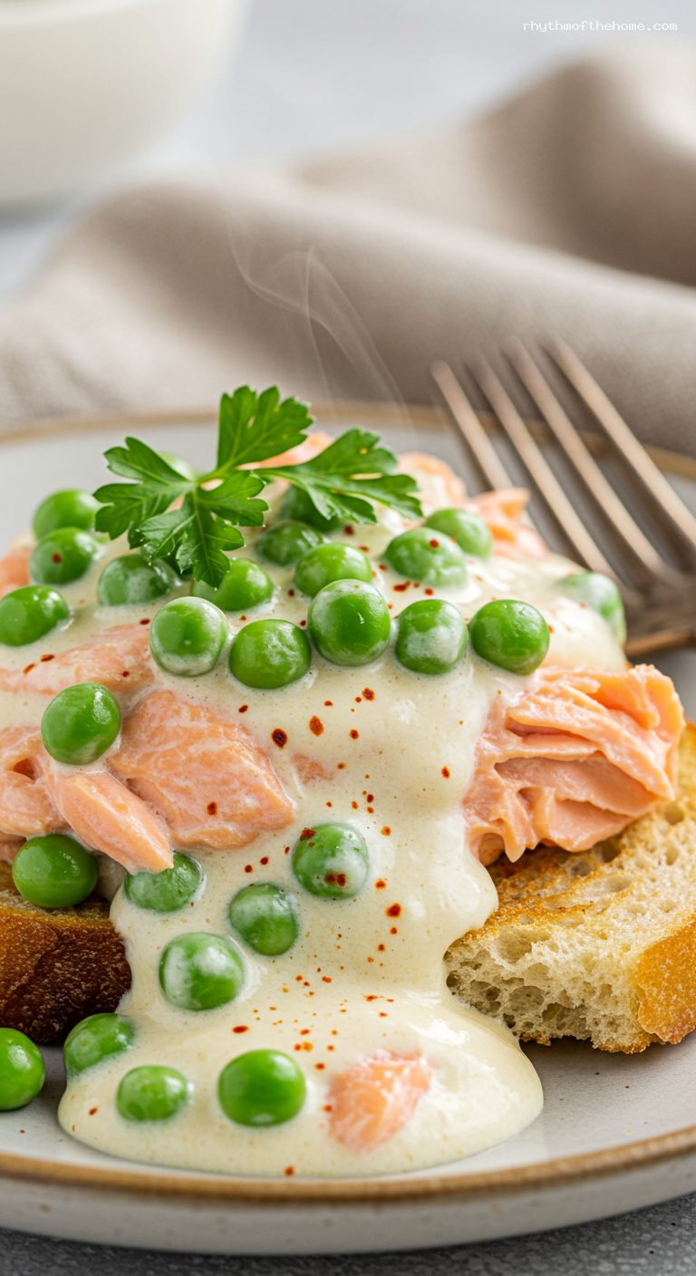 Salmon Pea Wiggle with Creamy Sauce Over Toast – Closeup