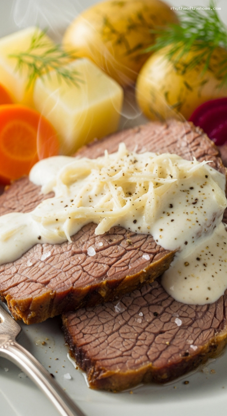 Salt-Cured Brisket with Creamy Horseradish Sauce – Closeup