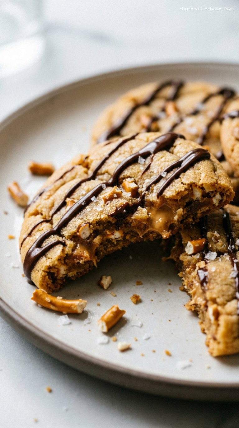 Salted Pretzel Peanut Butter Cookies with Chocolate Drizzle – Closeup