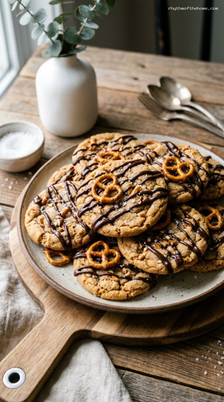Salted Pretzel Peanut Butter Cookies with Chocolate Drizzle