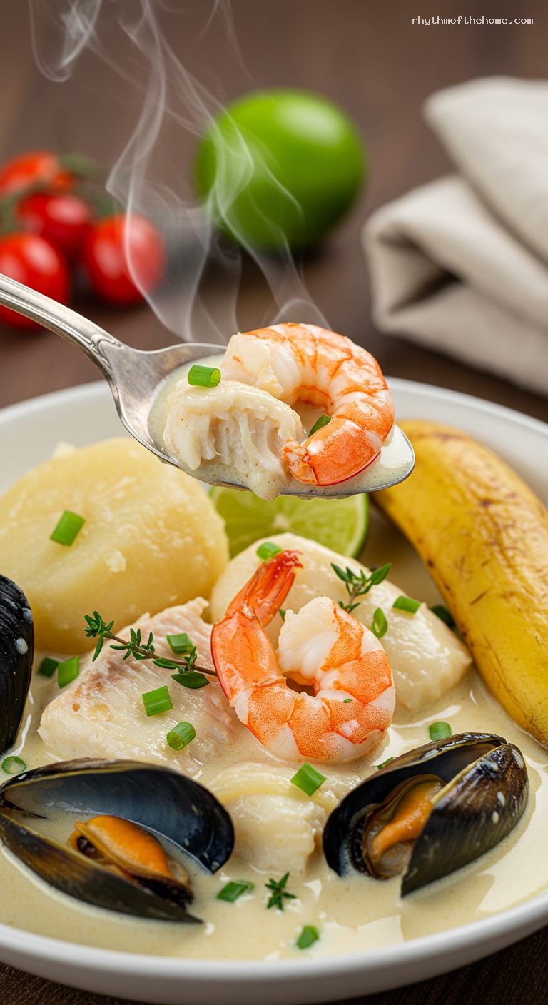 San Andrés Rondón: Coconut Seafood Stew with Domplines – Closeup