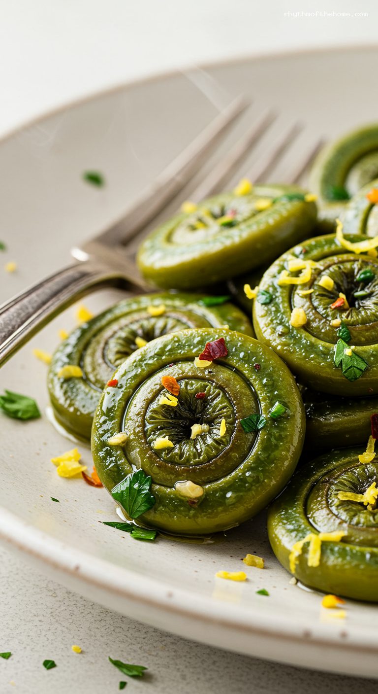 Sautéed Fiddleheads with Lemon, Garlic, and Parsley – Closeup